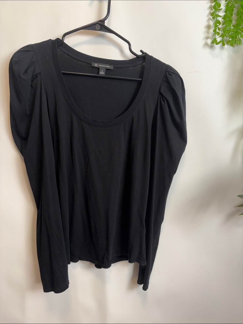 INC International Concepts Black Scoop Neck Long Sleeve Top with Puff Shoulders